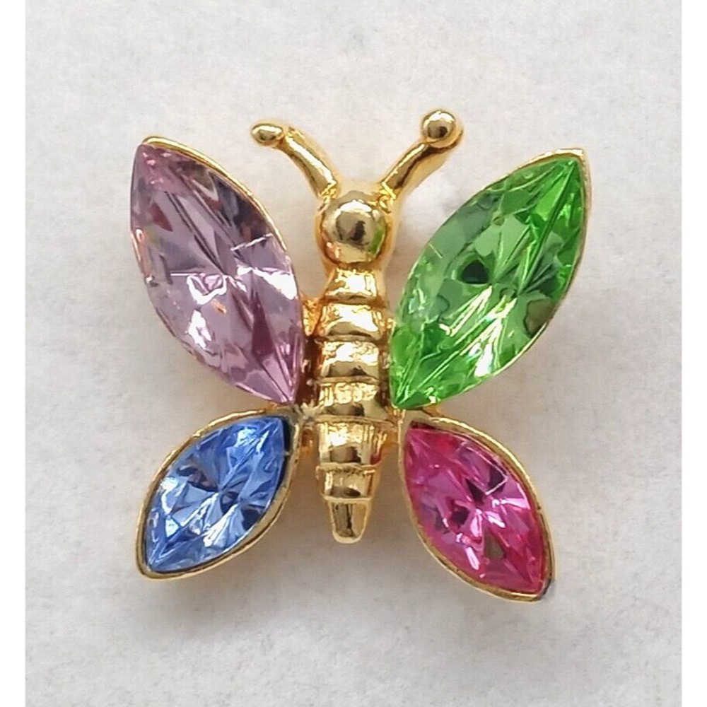 Butterfly Brooch Lapel Pin Jewel Tone Marquise Rhinestones Gold Tone Vintage